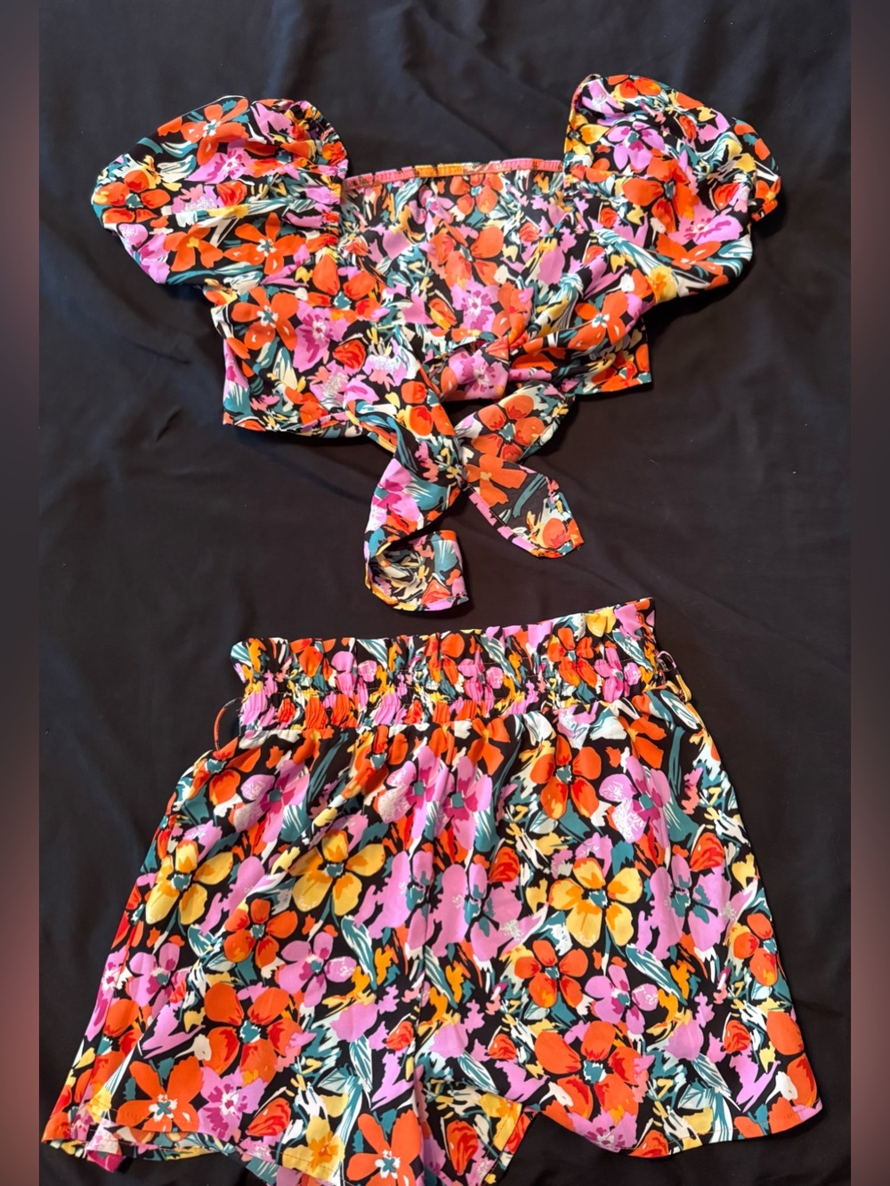 SHEIN Black Floral Crop Top & Shorts Set with Orange, Pink, Yellow Accents